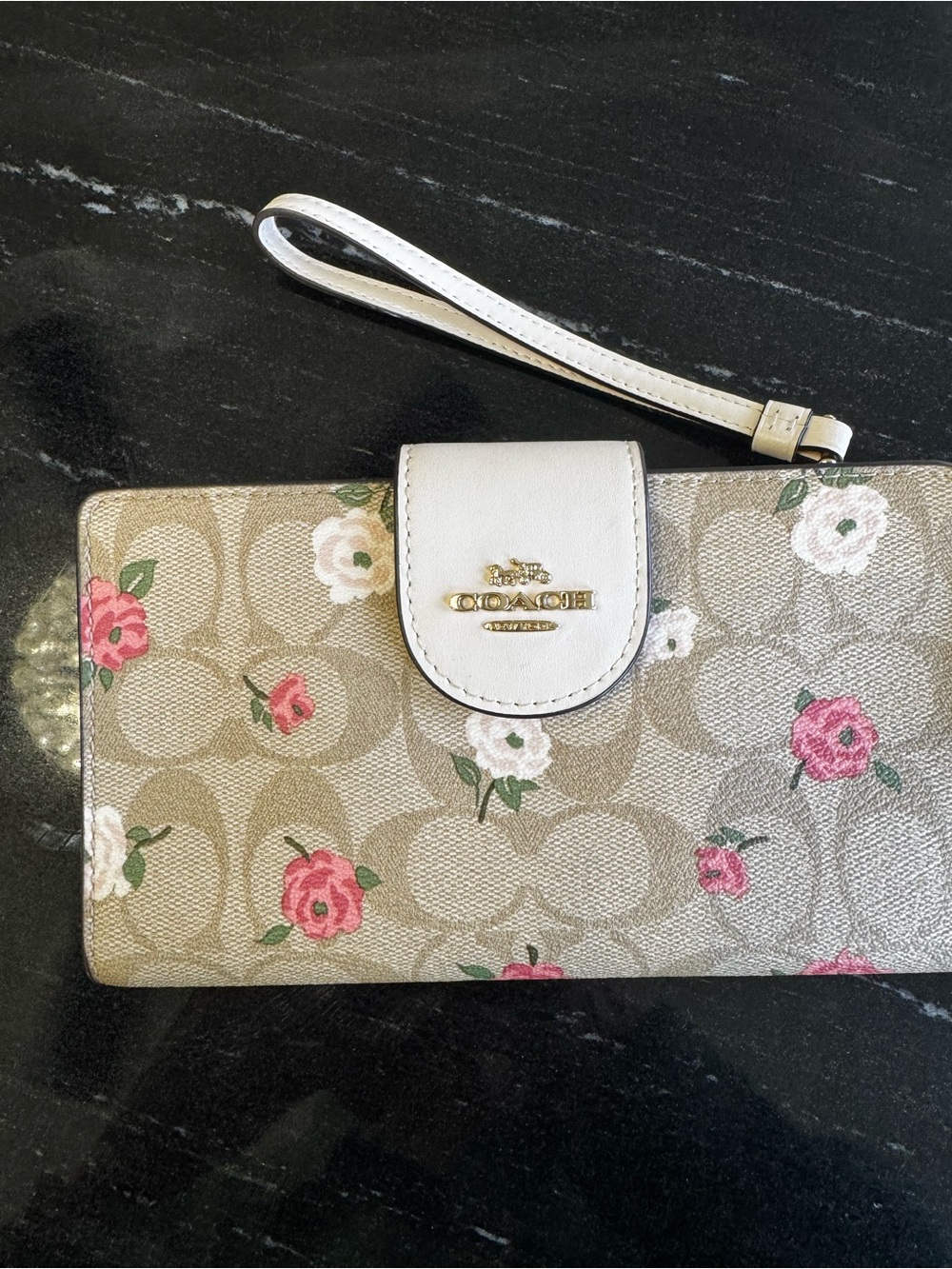 Coach Tan and Chalk Floral Signature Wristlet with Pink and White Floral Accents - Picture 2 of 9